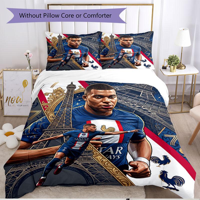 3-teiliges Bettbezug-Set (1 * Bettbezug + 2 * Kissenbezug, ohne Kern), Kylian Mbappe Druck Weiches Ganzjahres-Bettwäscheset, Dekoration für Schlafzimmer zu Hause Geschenk