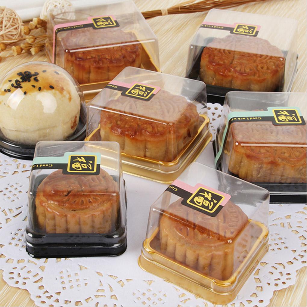 50Pcs Moon Cakes Packing Box Round Square Transparent Plastic Muffins Cookies Cake Container Cups Black/gold