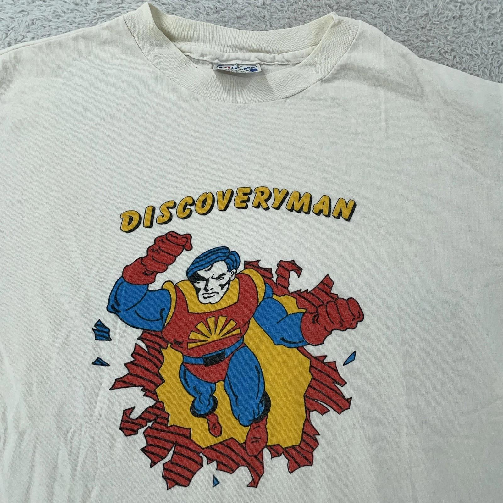 

Vintage Discoveryman Comic Shirt Mens S/M Tee Cartoon White Made in USA 90s 4XL