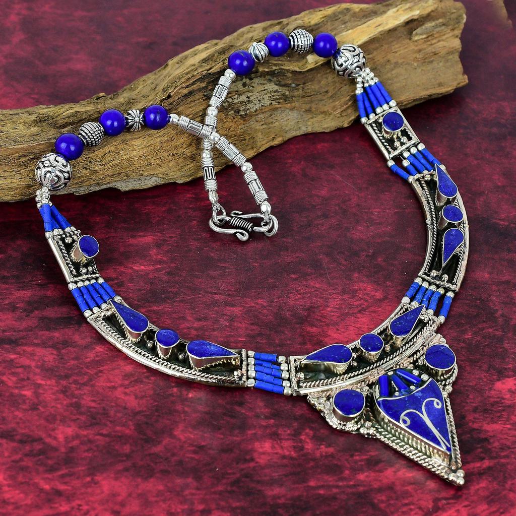 Blue Turquoise & Coral Handmade Gemstone Nepali Necklace, 925 Solid Sterling Silver Necklace Antique Jewelry, Adjustable Chain Necklace