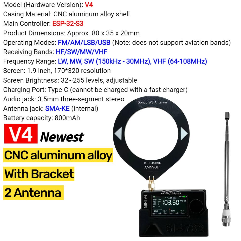 AMNVOLT V4 ATS MINI SI4732 All Band DSP Radio FM AM SSB LSB USB Receiver Pocket Radios Built-in Hi-Z Headphone Amplifier Genuine
