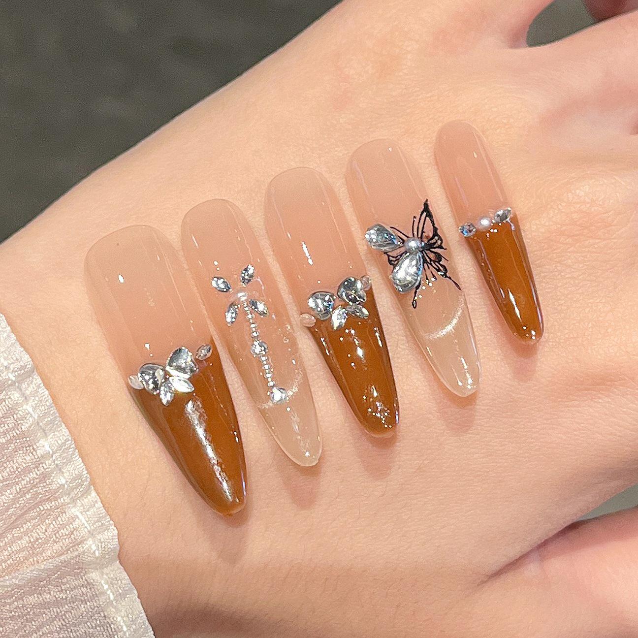 New Year Caramel Black Butterfly Handmade Greyhound Long Wear-On Nails Bagged XS
