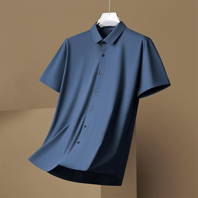 Fat Guy Plus Size Men's Summer New Short-sleeved Shirt, Fat Guy Plus Fat Plus Solid Color Elastic Ice Silk Casual Shirt