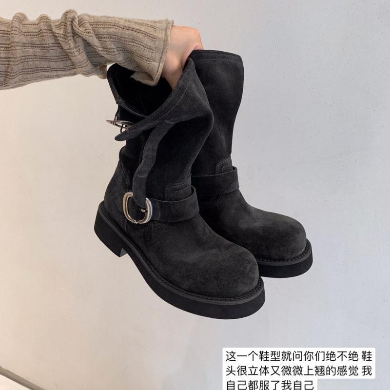 Shoes round head platform locomotive medium tube short boots women's Martin boots stacking boots autumn and winter