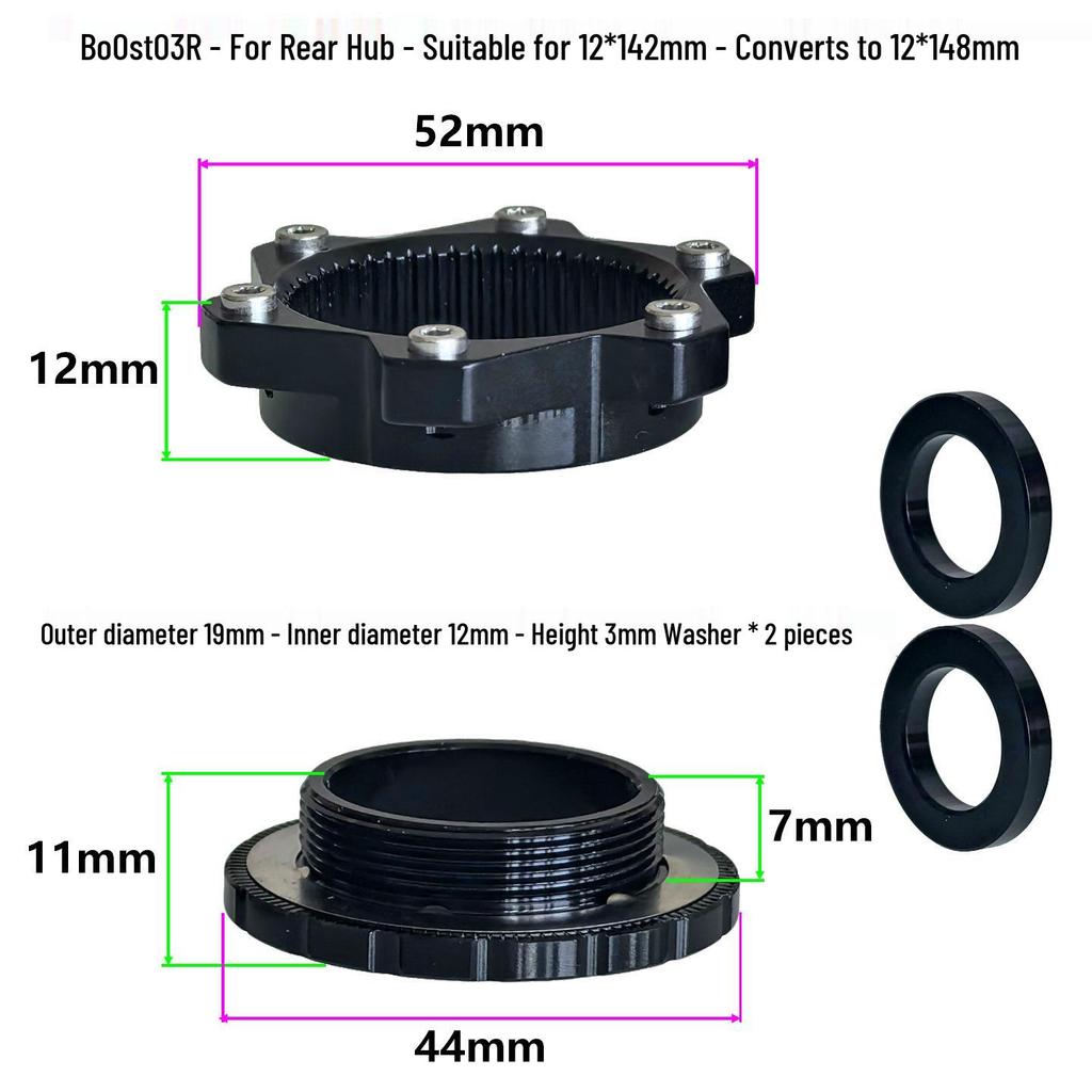 BOOST Center Lock Disc Brake Hub Conversion Kit: Front 100mm 15x110mm Rear 142mm 12x148mm with Washers/Spacers.
