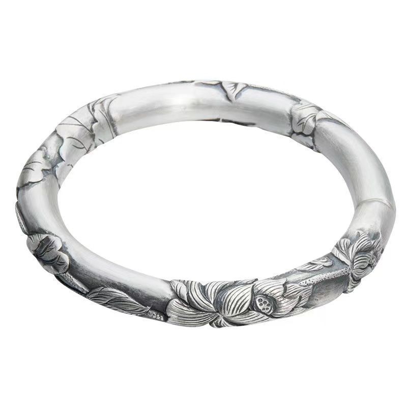 Brățară Lotus Argint Embosat cu Deschidere, Brățară Stil Etnic pentru Femei, Brățară Retro Solidă Rotundă, Temperament