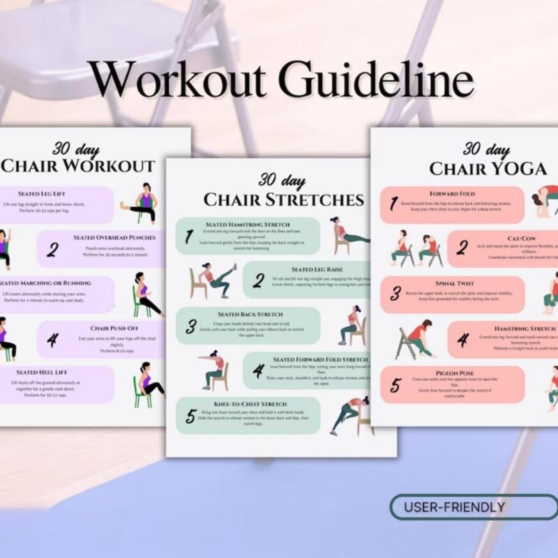 6Pcs Yoga Chair Workout Charts 30 Day Chair Exercises Plan Poster For Travel Morning Working Family Friend Sports