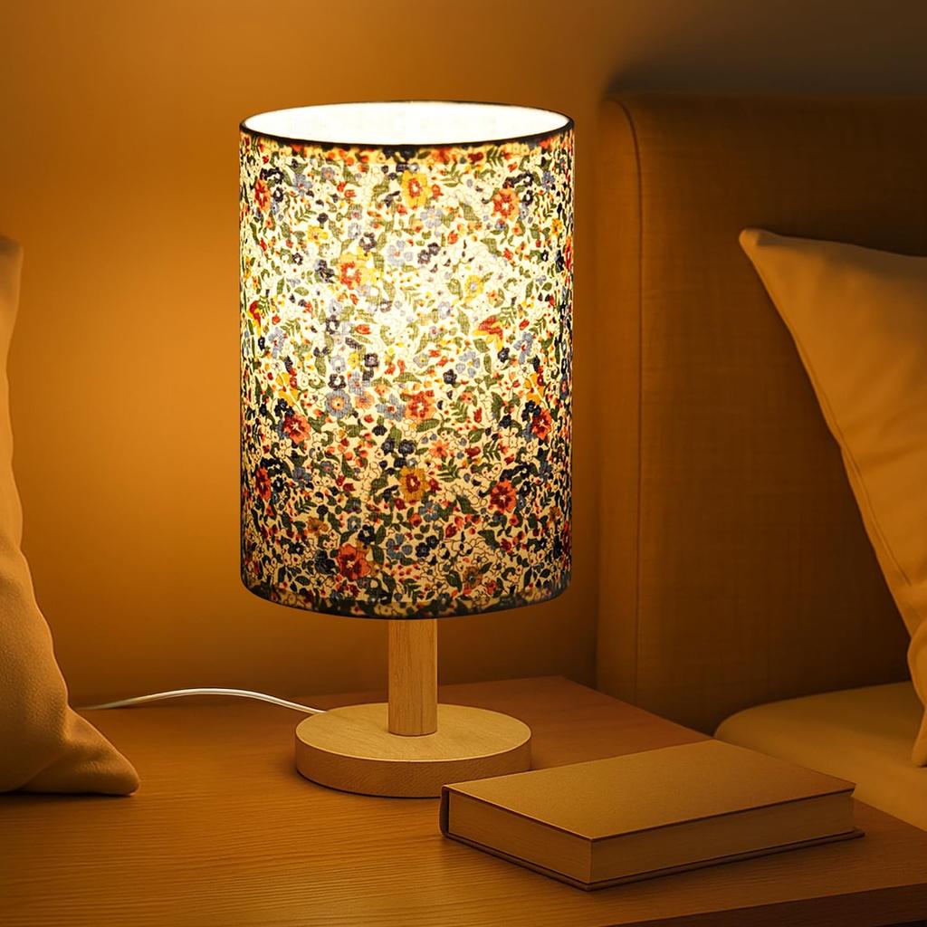 Night Lamp, Floral Themed, Bedside Reading Lamp With Wooden Base, Multicolor