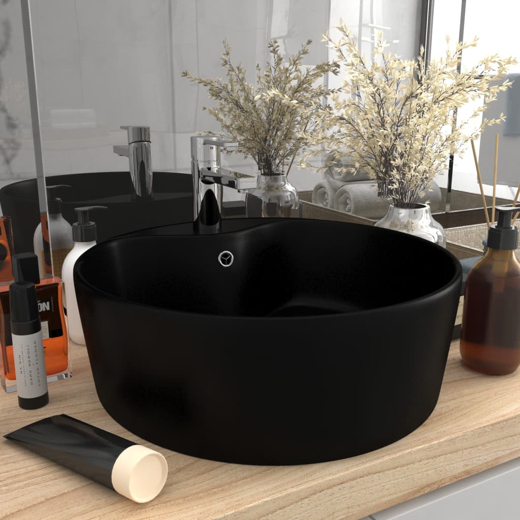 Luxury Wash Basin with Overflow Matte Black 36 X 13 Cm Ceramic