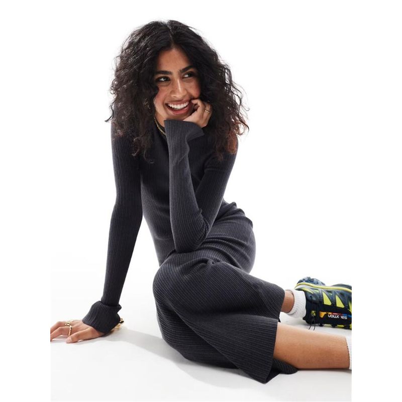 

Real Foreign Trade Original Order British as High Elasticity Slim fit Sexy Spring and Autumn Women s Long Sleeve Step Sheath Long dress Simple Pure Dark gray M