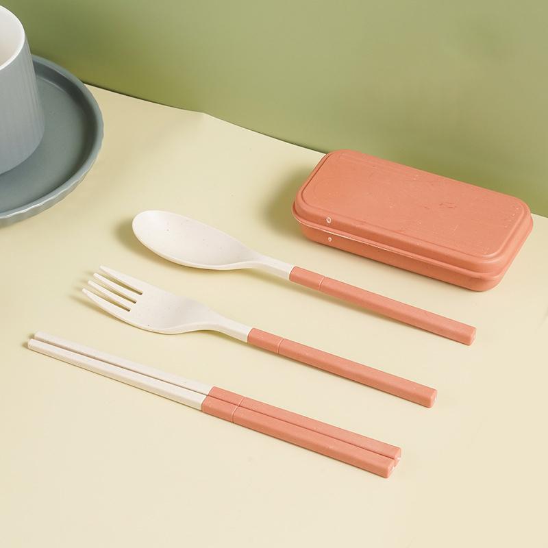 Japanese-Style Wheat Straw Cutlery Set Knife Fork Spoon Chopsticks - Three-Piece Folding Portable Cutlery