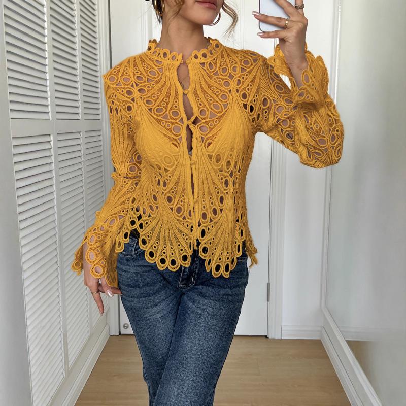 Women's Autumn Knit Lace Bell Sleeve Top