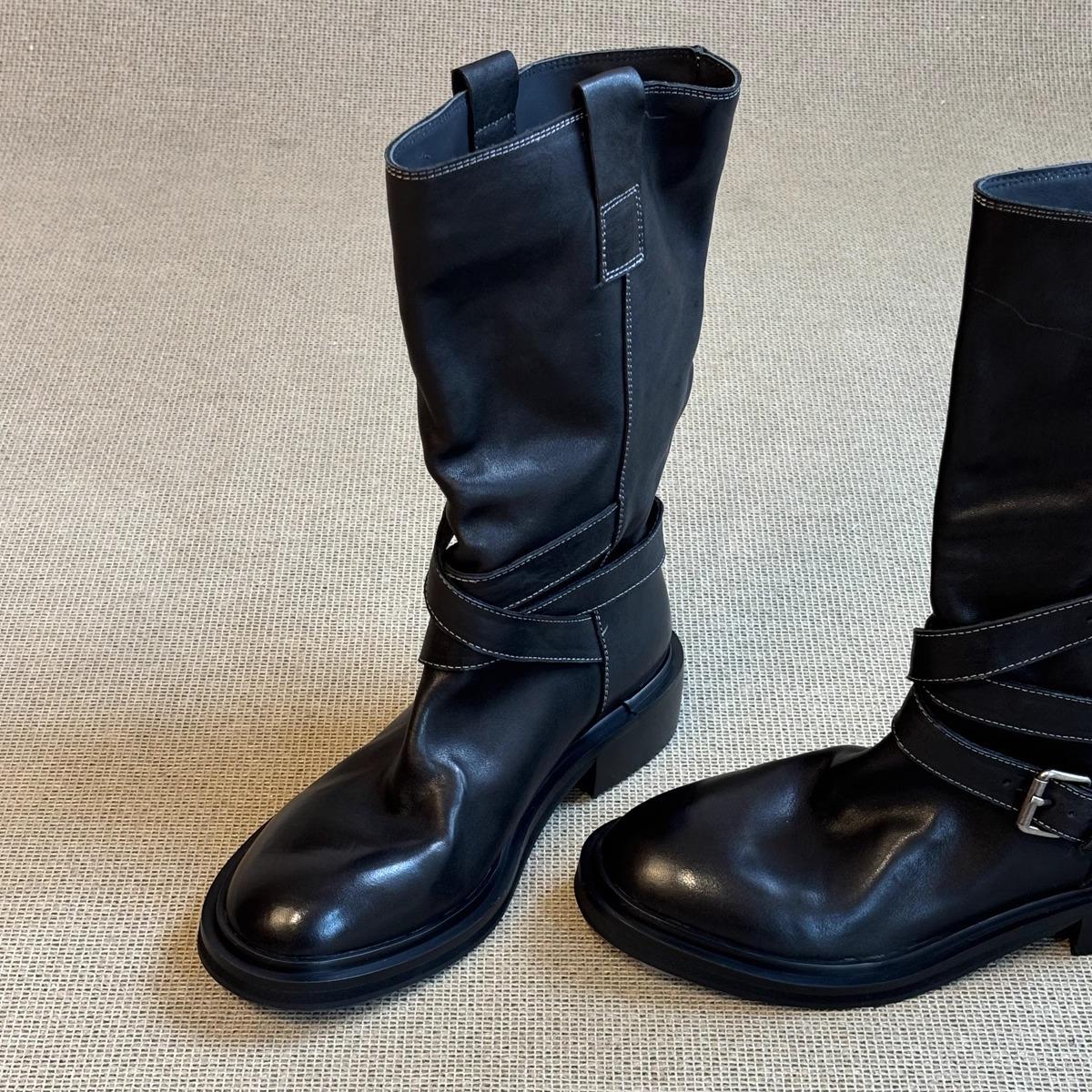 

Издание из коровьей кожи~ Ретро пряжка ремня Полусапоги Ковбойские сапоги в западном стиле Узкие На толстой подошве Жареные уличные короткие сапоги Женские сапоги-рыцари 40