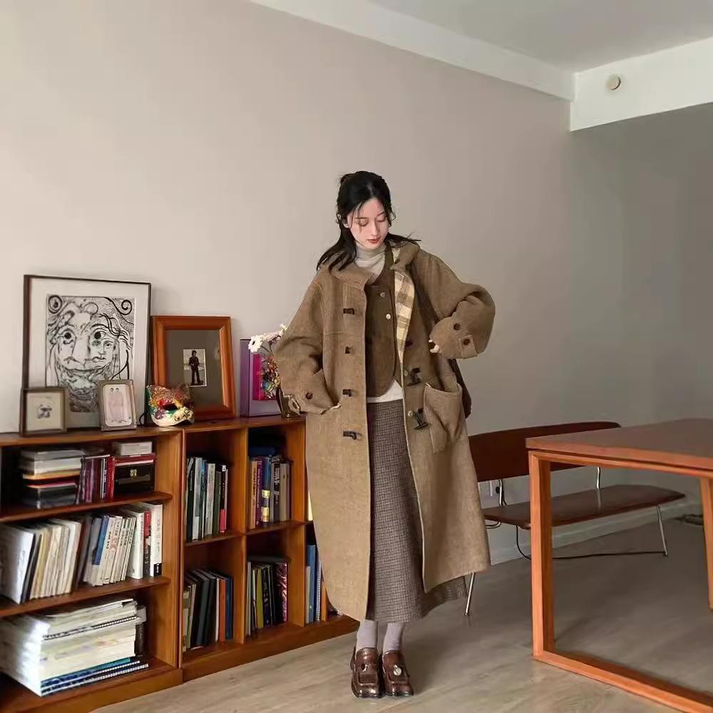 Wendemantel aus Wolle für Damen, mittellang, kariert, mit Kapuze, koreanischer Wollmantel