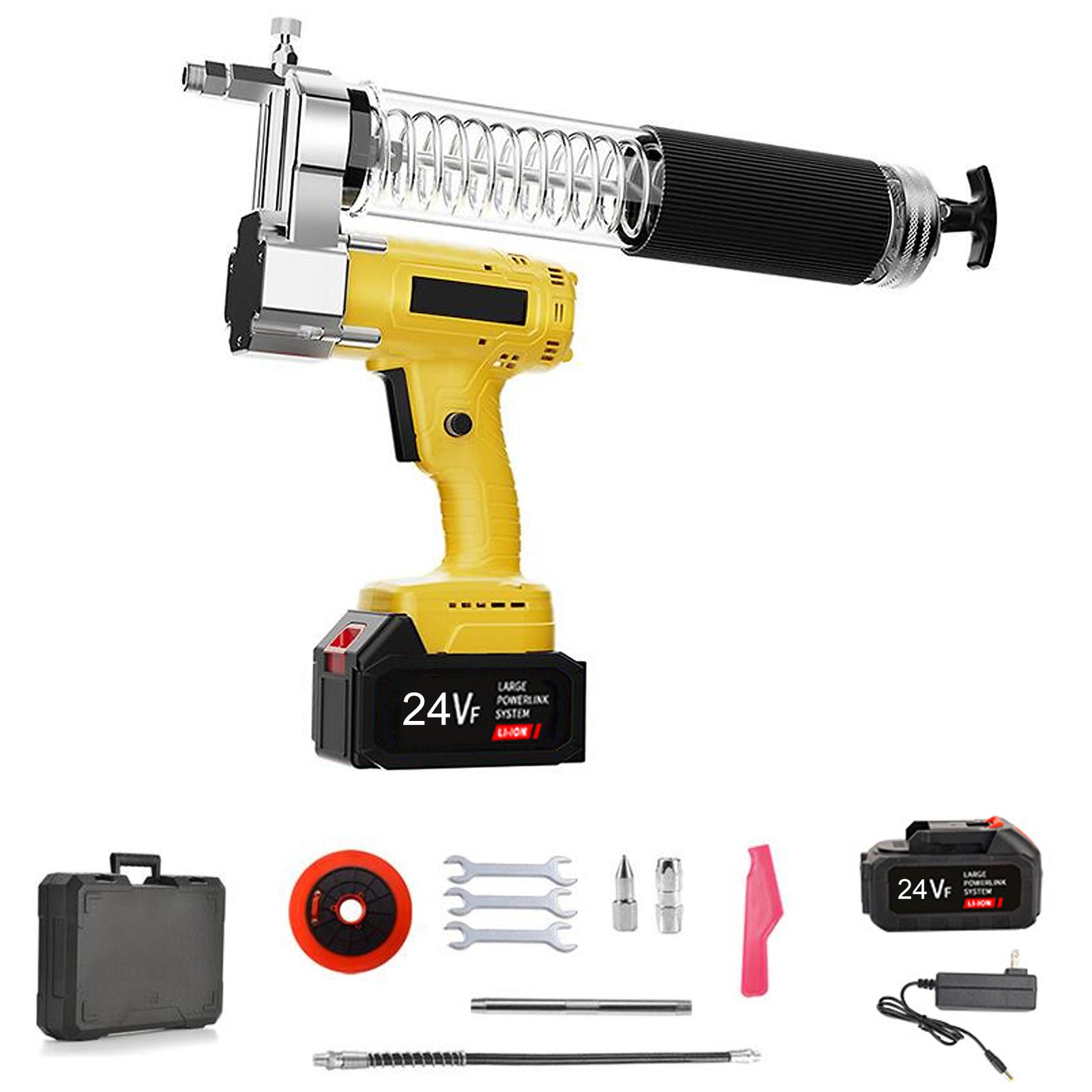 

24V Grease Gun Kit, 12000PSI Cordless Battery Powered Grease Machine with Spring Hose, Tension Pipe, Nozzles, Carrying жовтий