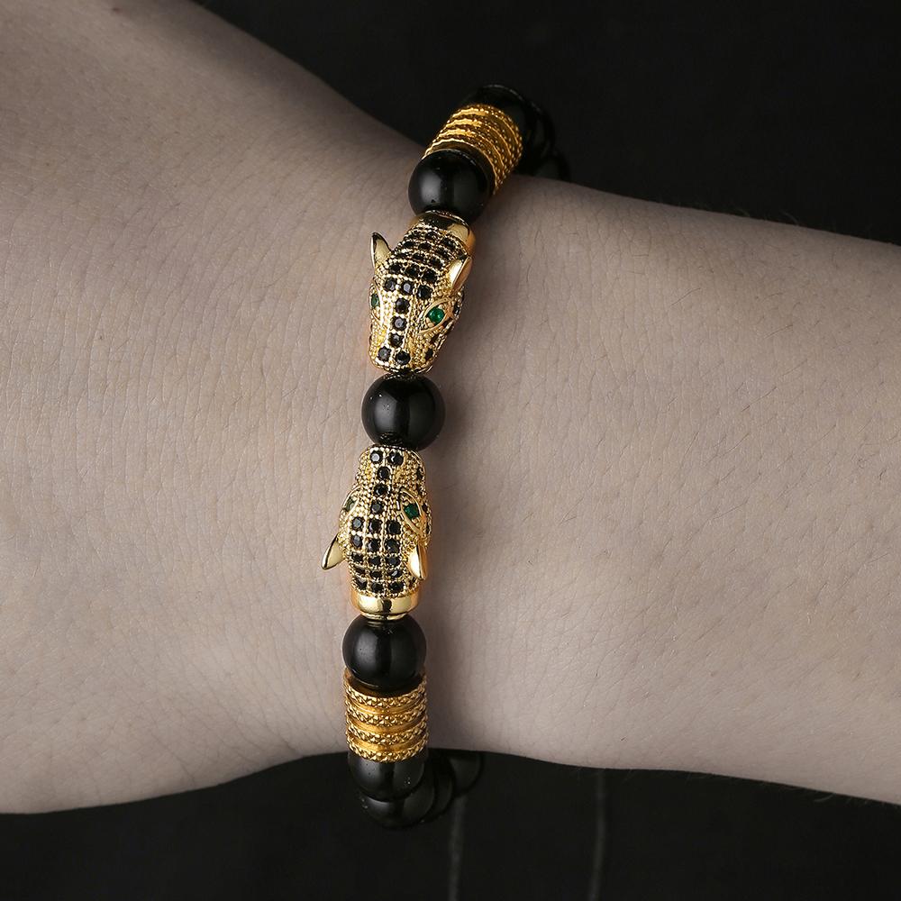 A men's handmade beaded braided bracelet, leopard head vintage jewelry suitable for men's daily wear