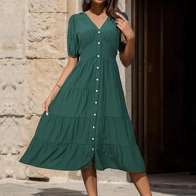 Vestido feminino de verão com decote em V, manga curta, vestido longo sólido com babados