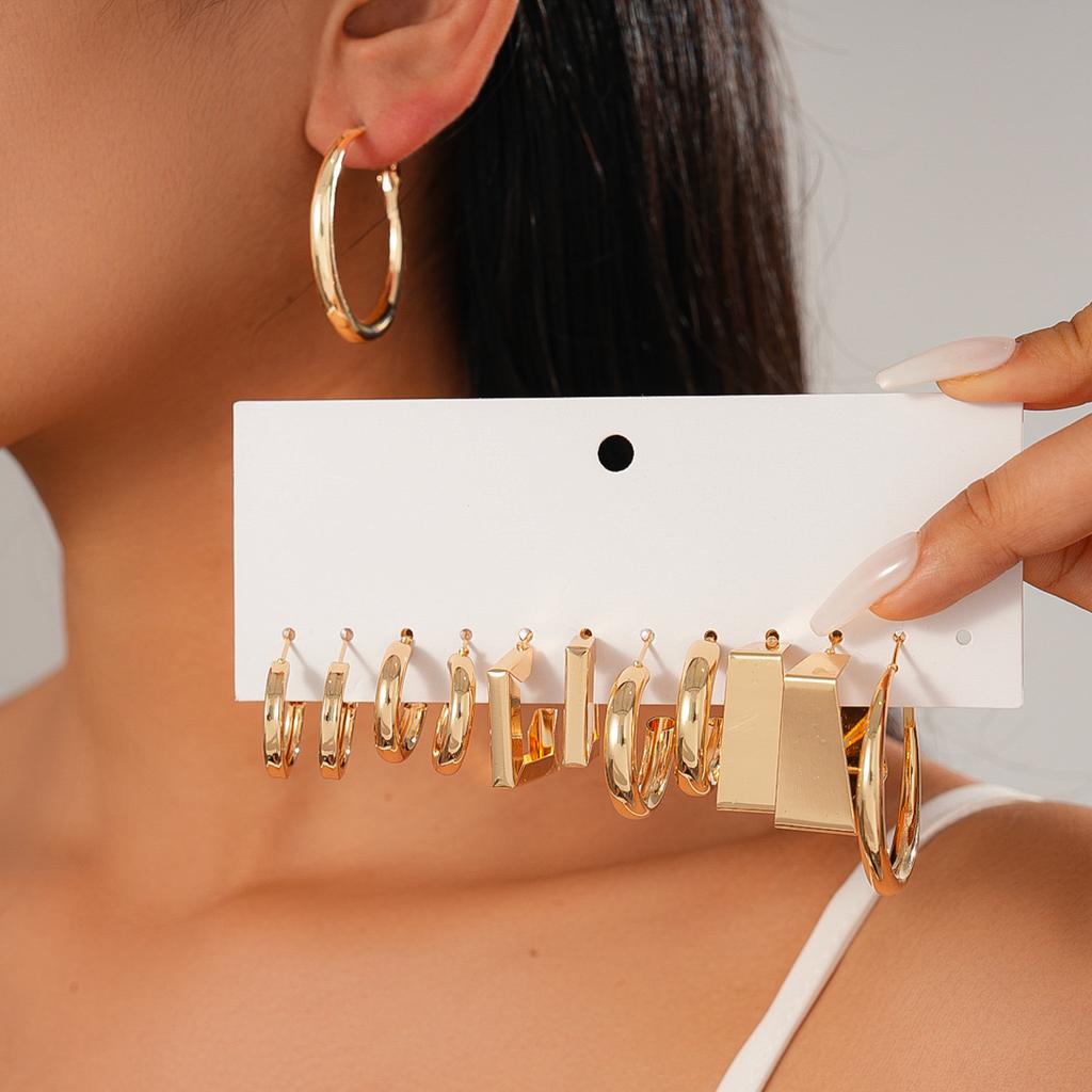 Twelve-piece Smooth Geometric C-shaped Round Silver Needle Earrings