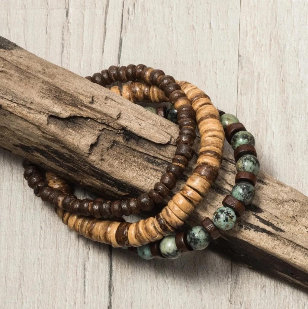Mehrschichtiges, stapelbares Armband-Set aus Holzperlen für Damen und Herren im handgefertigten afrikanischen Türkis-Stil
