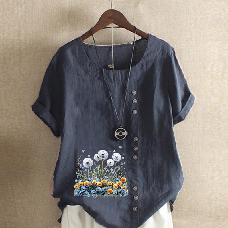 Women's Fashion Flower Cluster Prined Short Sleeve T-shirt Loose Cotton Shirt Casual Loose Summer Blouse Tops Plus Size