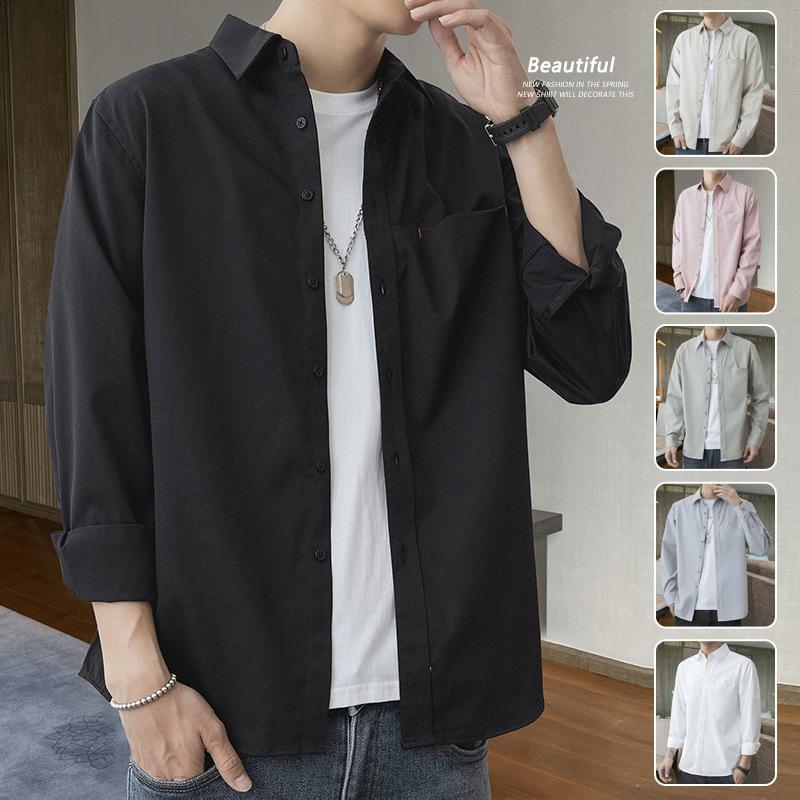 Men's Long-sleeved Shirt Spring Casual with Lined Clothes Korean Version of The Trend Spring and Autumn Shirt Coat