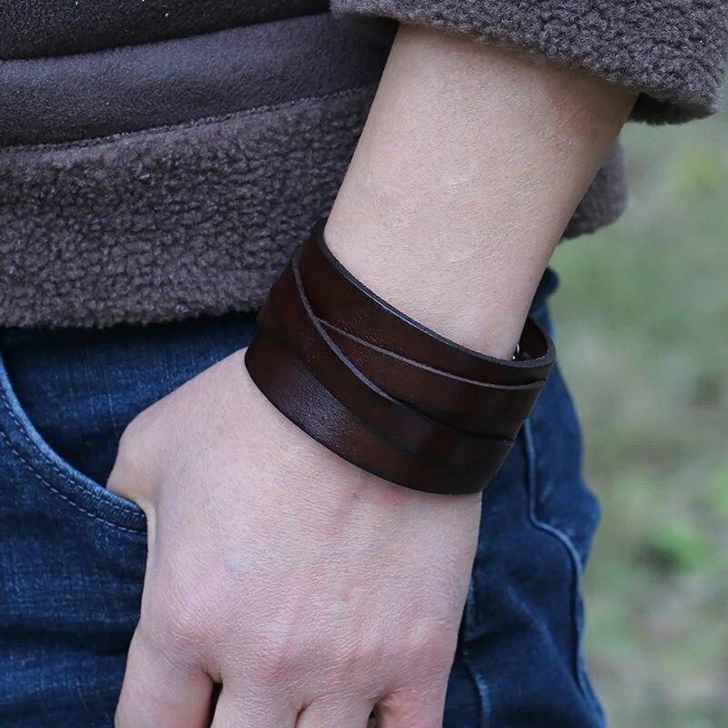Fashion Black Brown Color Leather Men Bracelets Bangles Punk Vintage Couple Bangles For Men Jewelry Gift