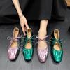 Fashion Fashion Ballet Flat Shoes Women's Square Head Shallow Mouth Single Shoes Light Casual Leather Shoe Lace-up Flats Mary Jane Flats
