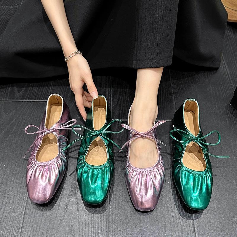 Fashion Ballet Flat Shoes Women's Square Head Shallow Mouth Single Shoes Light Casual Leather Shoe Lace-up Flats Mary Jane Flats