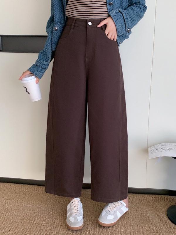 Women's Plum Purple Wide-Leg Washed Cotton Denim Pants - Autumn & Winter Casual Straight-Leg Nine-Point Trousers