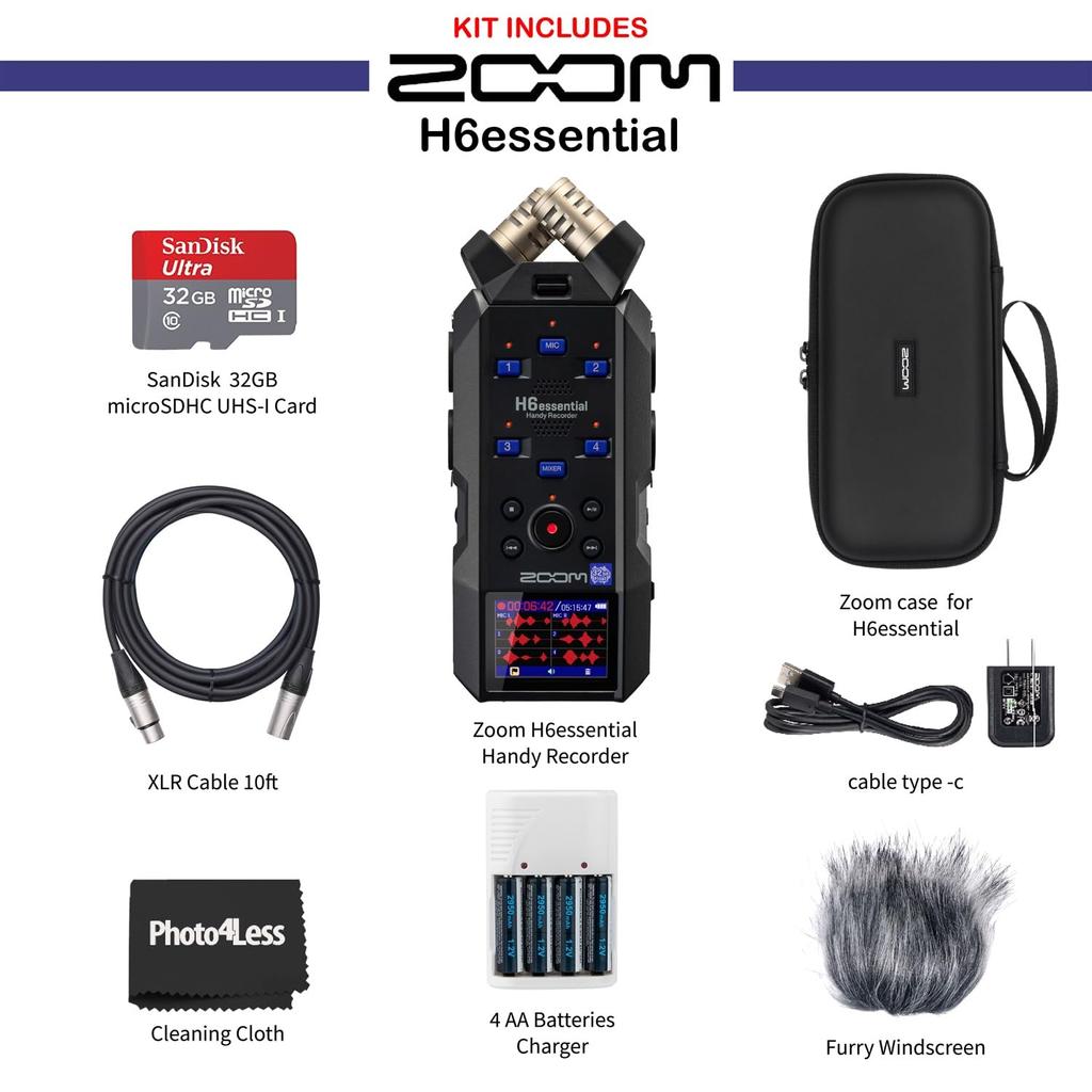 Zoom H6 Essential Handheld Recorder Bundle 32GB MicroSD Card XLR Cables Batteries Charger Accessories Photo4Less Cloth