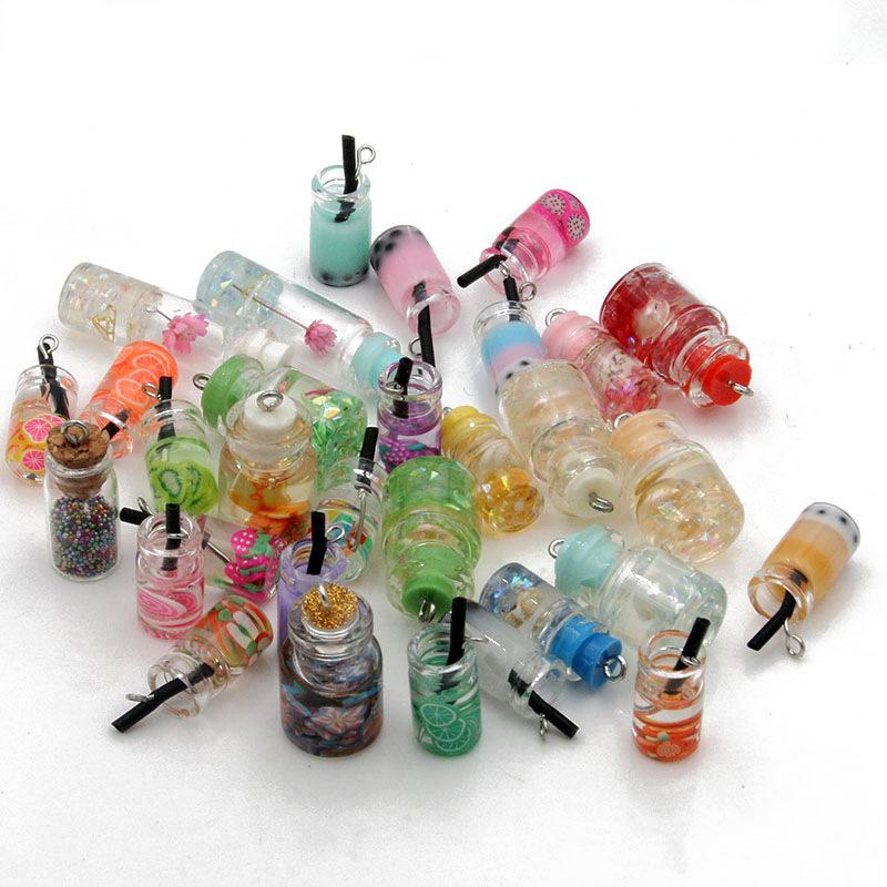 Z86 10Pcs Cute Mix Glass Bottles Milk Tea Cup Ball Earring Charms Diy Finding Keychain Bracelets Pendant For Jewelry Making Gift