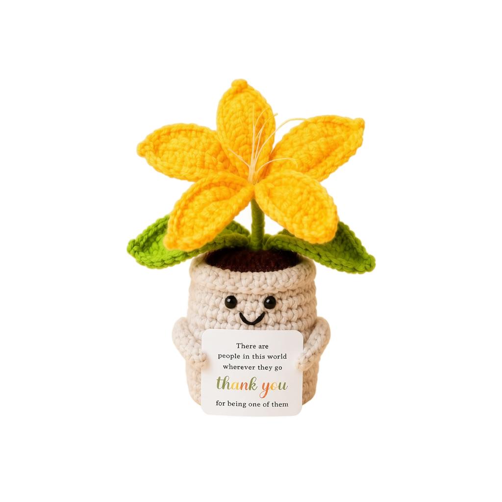 Hand Knitted Bouquet in Pot with Uplifting Sentiment Card - Artificial Plant Home Decor
