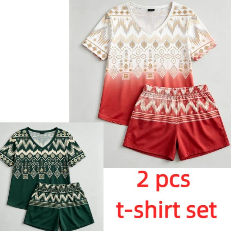 Summer Geometric Wavy Lines Pattern Printed V- Neck Short Sleeved T-Shirt And Shorts Set Women's and Men's T-shirt Shorts Set