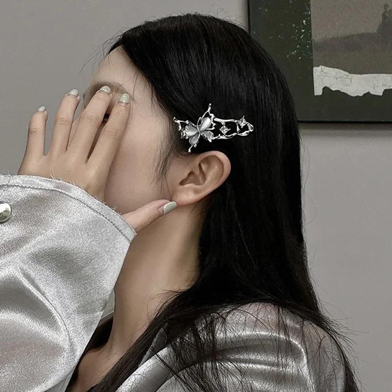 1/2pcs Y2K Irregular Liquid Metal Hairpin Butterfly Zircon Hair Clips Girl Fashion Silver Bang Clip for Women Hair Accessories