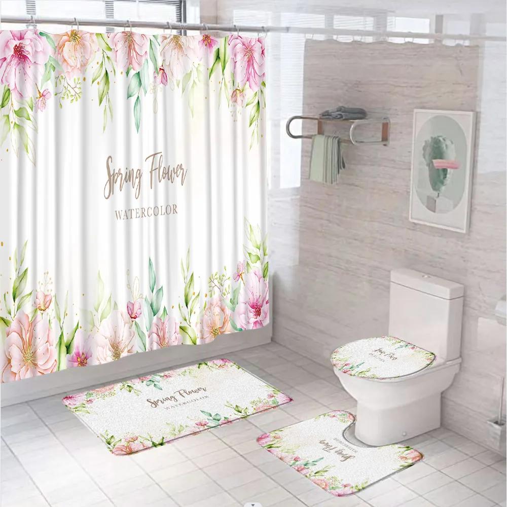 Colorful Plant Botanical Wildflower Flowers Shower Curtain Set Garden Floral Butterfly Bathroom Decor Rug Bath Mat Toilet Cover