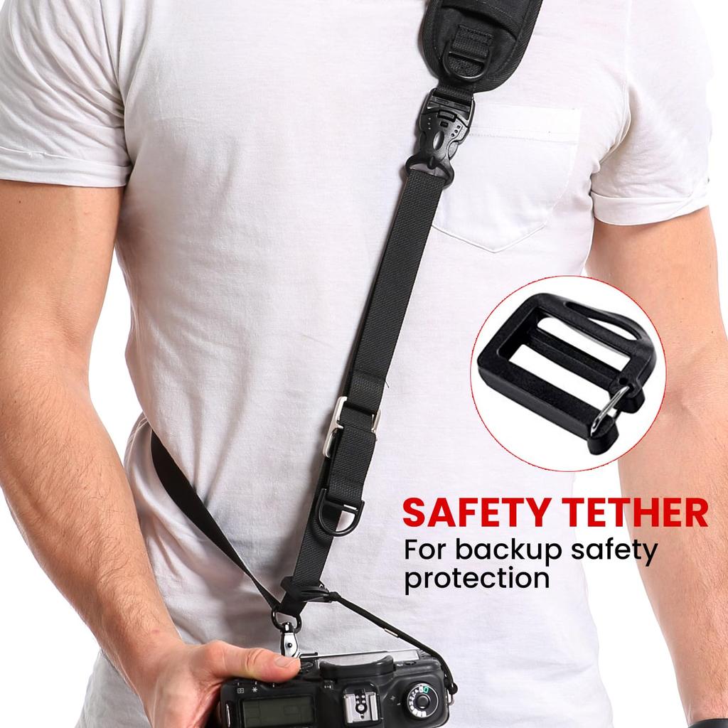 Waka Rapid Camera Neck Strap with Quick Release and Safety Adjustable Shoulder Strap for Olympus DSLRs Black Tether, Nikon, Canon, Sony, -