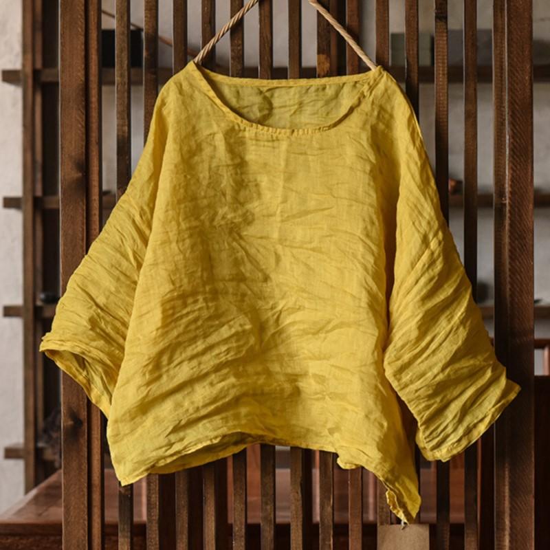 Johnature Vintage Women T-Shirts O-Neck Seven Sleeve Autumn Loose Casual Soft High Quality T-Shirts