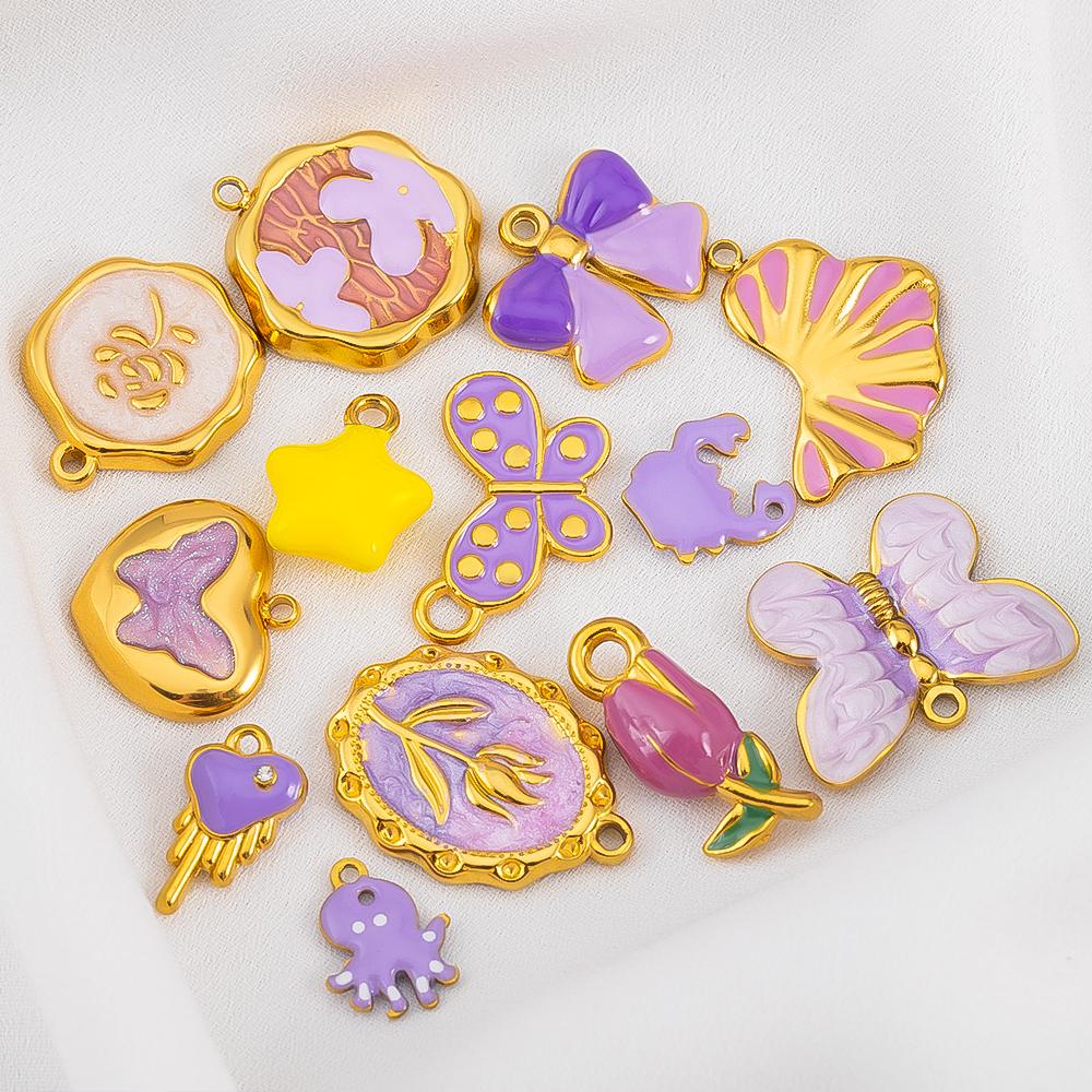2pcs Stainless Steel 304 Multi-Design Enamel Pendant Lavender Purple Series For DIY Necklace Earrings Jewelry Findings Accessory