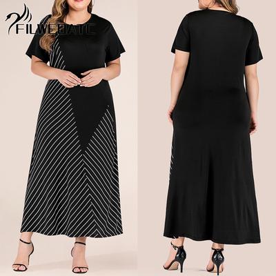 Filweoatc Frühling Sommer Übergröße Damenmode Panelstreifen Locker Langes Kleid