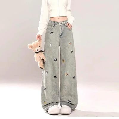 Wygodne Zabawne Haftowane Szczenię Szerokie Spodnie Jeansowe Damskie Wiosna i Jesień Design Czucie Słodkie Wysoki Stan Luźne Skinny Proste Spodnie Długie Spodnie Jeansowe