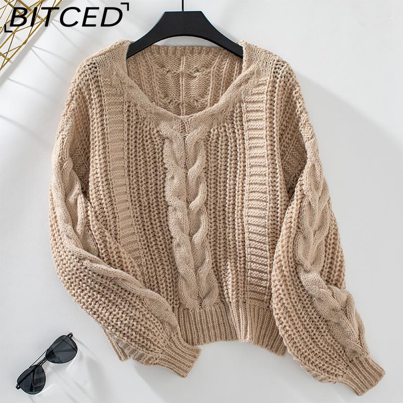 BITCED Solid Color Cable-Knit Sweater for Women Autumn/Winter Vintage Oversized Bell-Sleeve Twisted Knit Top