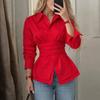 Women's 2026 Spring New Fashionable Elegant Collared Tie-Waist Solid Color Long-Sleeve Shirt Top