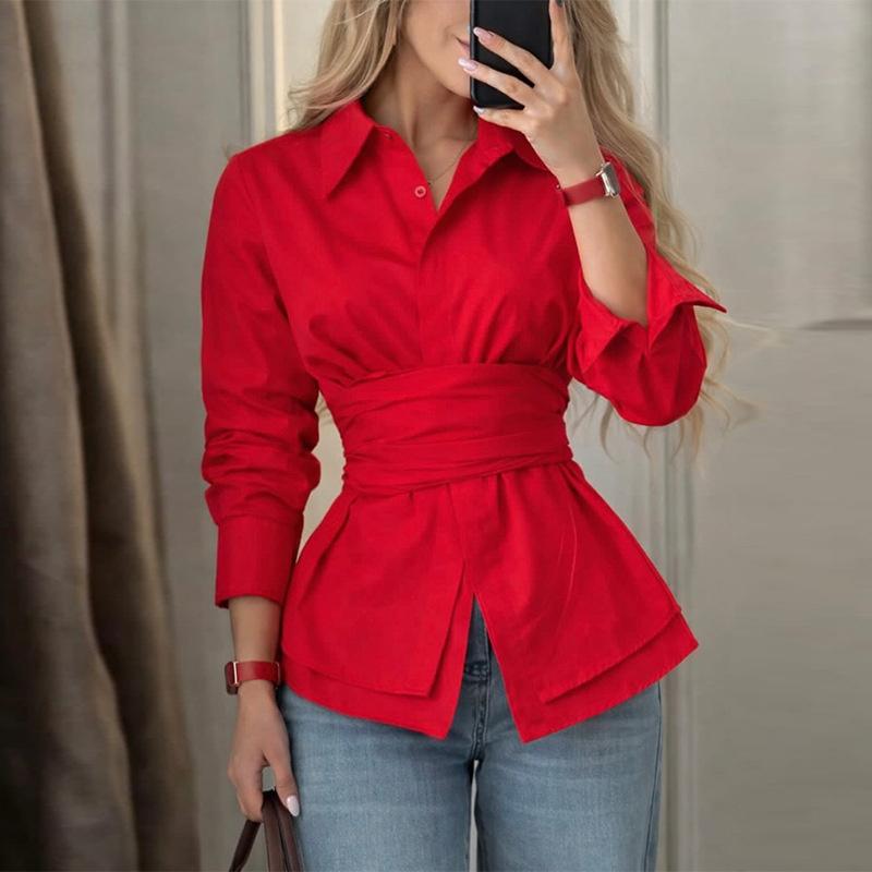 Women's 2026 Spring New Fashionable Elegant Collared Tie-Waist Solid Color Long-Sleeve Shirt Top