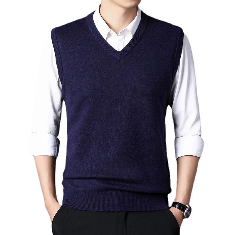 Men's V-Neck Knitted Vest: Thick Sleeveless Sweater for Autumn/Winter - Solid Color, Middle-Aged Business Style