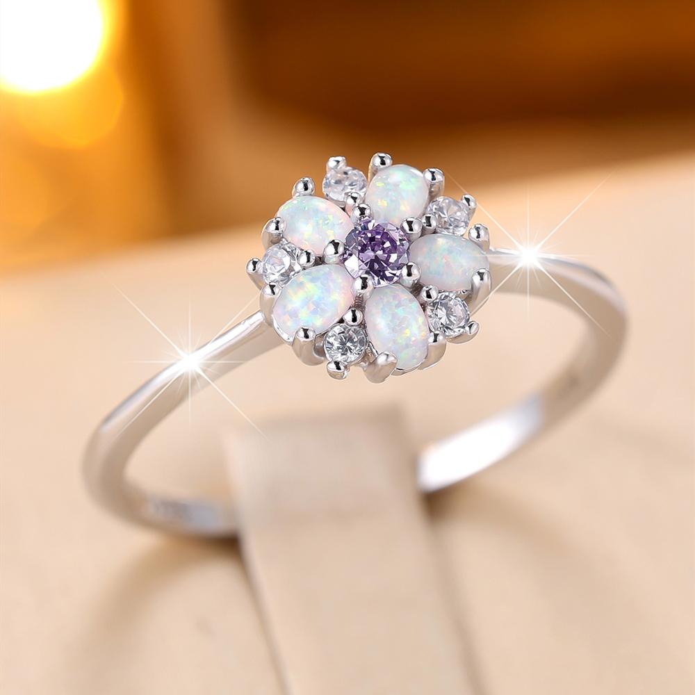 925 Sterling Silver Flower Rings for Women Bright Colorful Opal Ring Romantic Wedding Jewelry