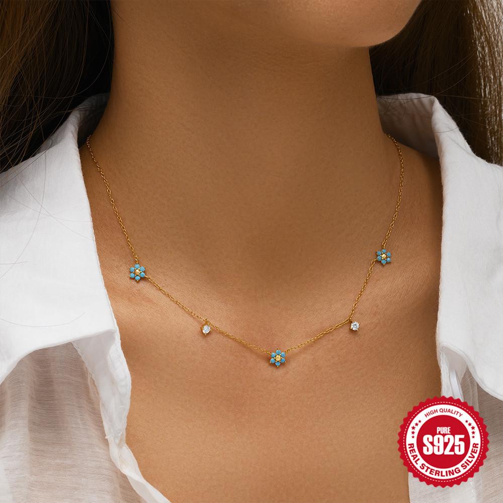 Turquoise Flowers With Diamonds Stacked Necklace Women'S Popular Simple Neck Chain Collarbone Chain