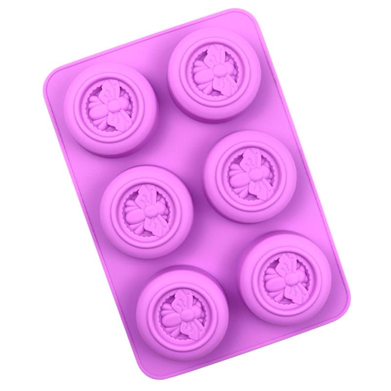 

6 отверстий круглые силиконовые формы для мыла с узором пчел, формы для мыла ручной работы для DIY ароматического мыла, ароматических свечей, шоколадного мусса фиолетовый