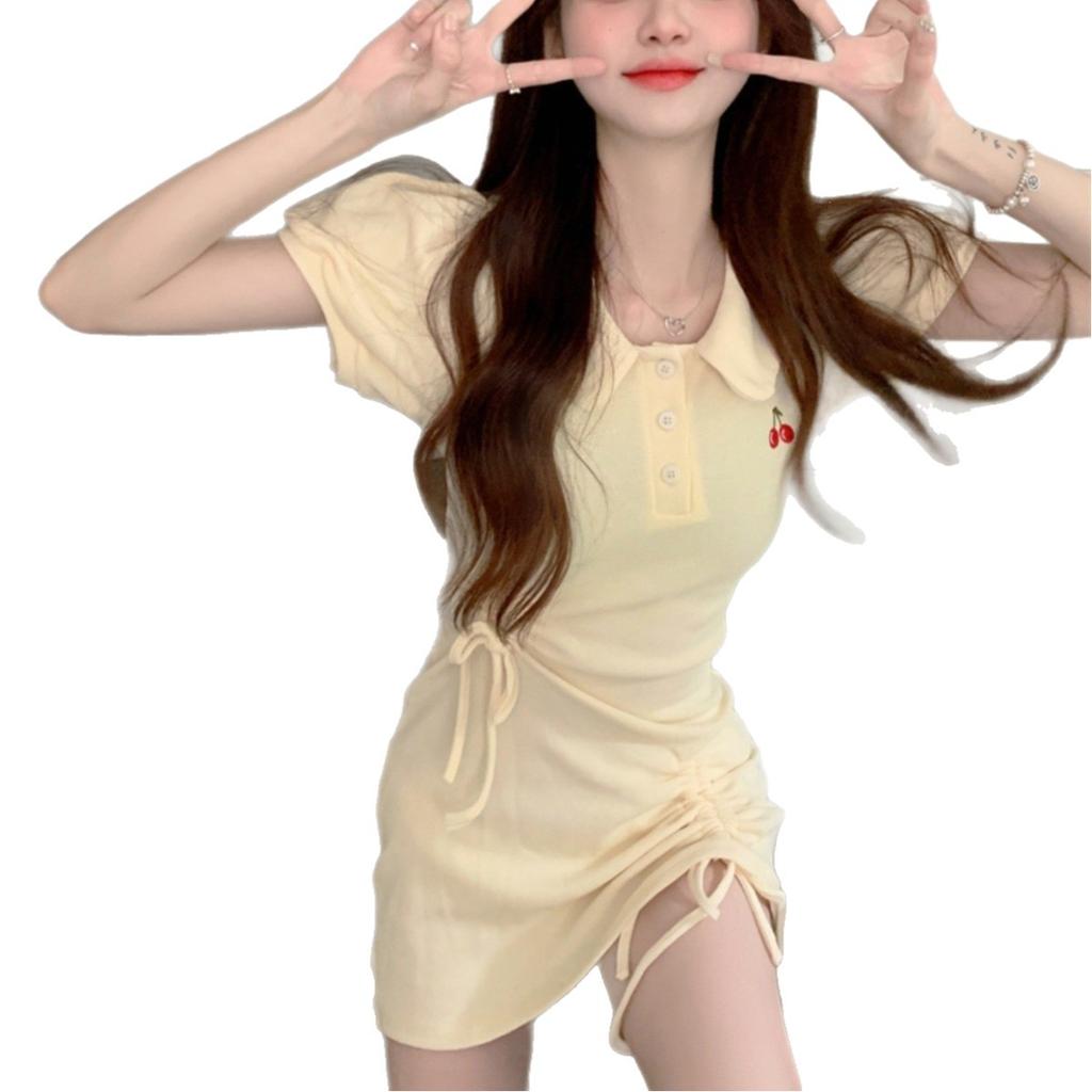 Summer POLO lapel dress women's college wind drawstring pleated waist small hottie short skirt tide