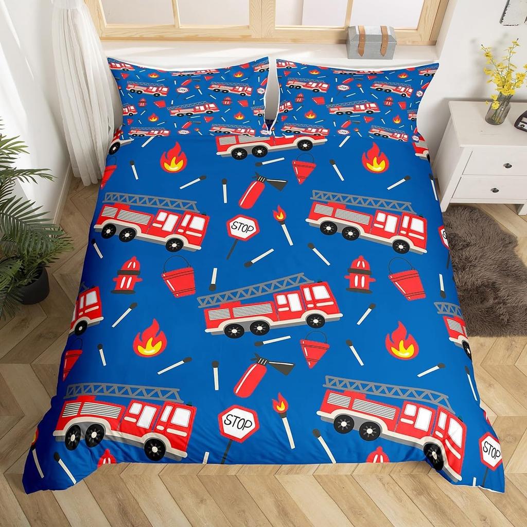 Comforter Fire Truck For Kids Boys Fire Engine Vehicle Extinguisher Fire Hydrant Print Bedding Set Microfiber Twin