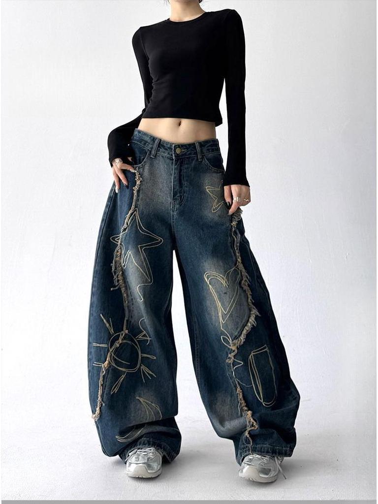 Autumn 2025 Curved Knife Hip Hop Wide-Leg Jeans for Women